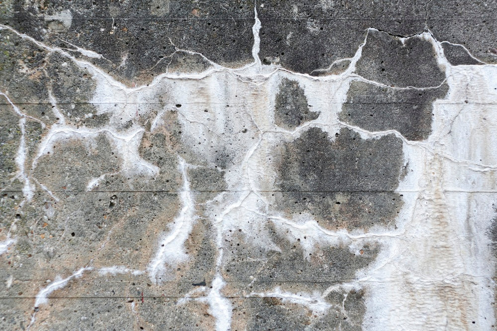 Weathered concrete surface showing white mineral deposits and efflorescence creating organic pattern on aged material